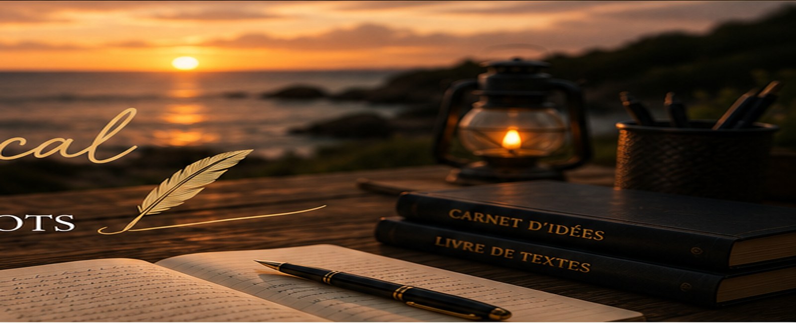 Bureau d’écriture face au coucher de soleil, carnet, plume et lanterne